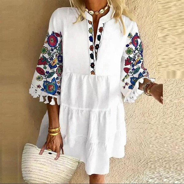 Rejea 2021 Summer V Neck Tassel Beach Dress Spring Vintage Floral Print 3/4 Sleeve Party Dress Women Casual Loose A-Line Dress Vestido