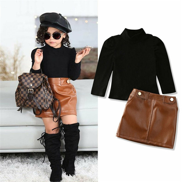 Rejea New Spring New Arrival Girls Fashion Clothes Set 2 Pieces Suit Sweater Tops+pu Leather Skirt Kids Sets Girls Clothes 0-9 Years