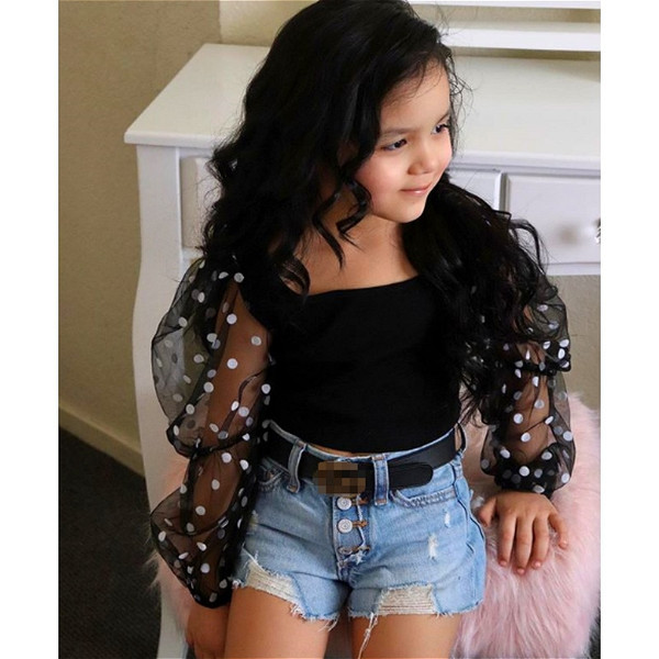 Rejea Fashion Children Clothes Sets Kids Baby Girls Mesh Sheer Puff Long Sleeve Blouse +Denim Shorts Jeans Outfits Tracksuit 1-6Y