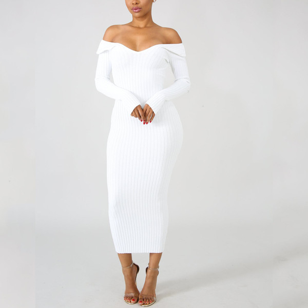 Rejea Long Sleeve V Neck Bodycon Ribbed Knit Dress Women Autumn Winter Solid Slim Midi Women Dress