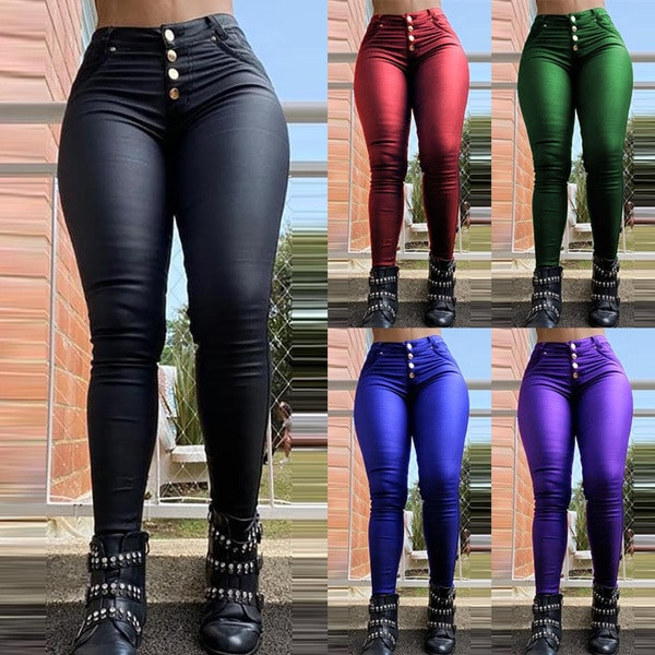 Rejea Faux Leather Pants Women High Waist Skinny Trousers Buttons Design Spring Summer Slim Fit PU Bodycon Pant Club Leggings 2021