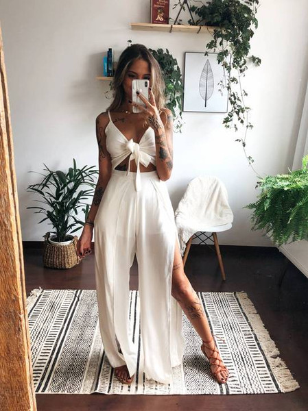 Rejea 2 Pieces Pants Suit Sets Women Solid Color Twist Knot Straps Camis+Loose High Slit Wide Leg Pants for Summer Office Lady Outfits