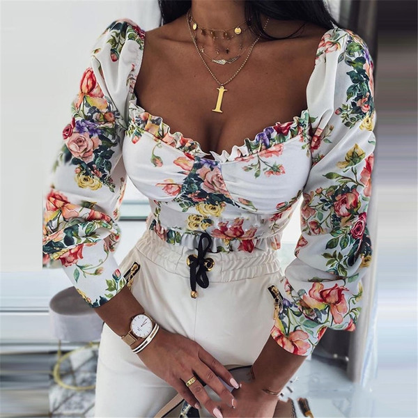 Rejea Elegant Long Puff Sleeve Square Collar Blouse Women Lace Ruffle Trim Floral Short Blouse Office Lady Slim Fit Flowers Crop Tops