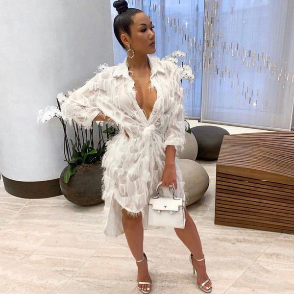 Rejea Feather Spliced Autumn Women Midi Dress Long Sleeve Turn-down Collar Loose Shirt Dresses White Plus Size Asymmetrical Vestidos
