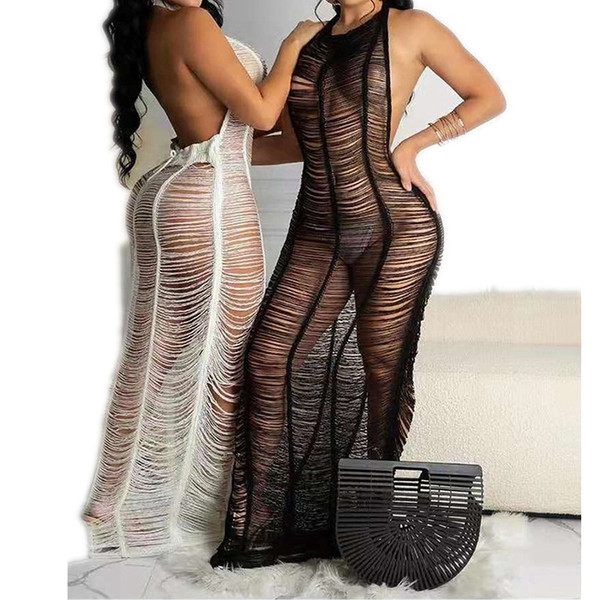 Rejea Women Summer Solid Color Beach Dress Scoop Neck Outlet Cover Up Swimwear New Items Sexy Clothing Hot Bikini Halter Smock