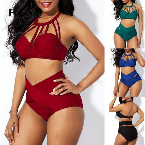 Rejea  Womens Solid Sexy Bikinis Set Lace Up Halter Crop Tops High Waist Panties Matching Two Piece Set Outfits Beach Swimsuit