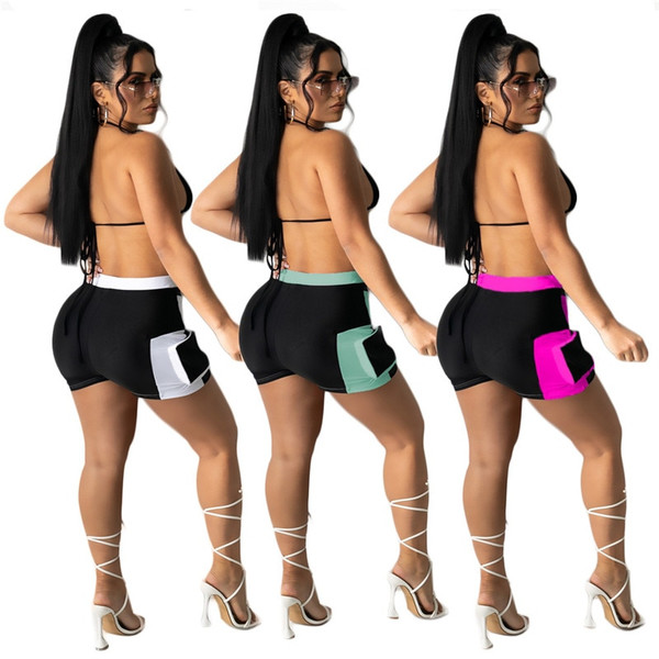 Rejea Bikini Wear Color Patchwork Women Sexy Two Piece Set Lace Up Halter Backless Bra Top Front Zipper Shorts with Pockets Beach Suit