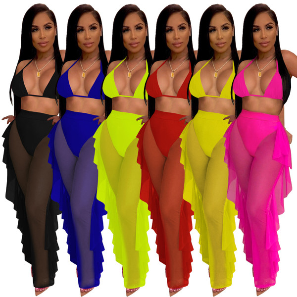 Rejea Sexy Women Sheer Mesh Ruffles Bikini Set Beach Lace Up Halter  Bra + Long Pants 2 Pcs Set  Summer See Through Clothes