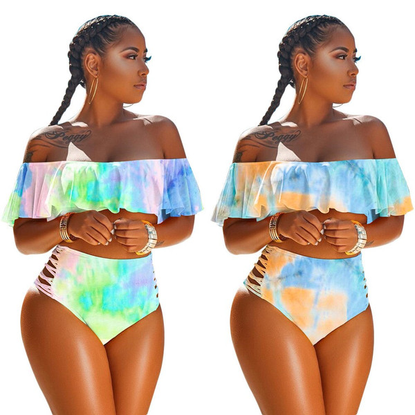 Rejea New Women Sexy Swim Suit Tie Dyed Printed Swimwear Ruffles Bikini Two-Piece Set Brazilian Bikini Thong Bikini