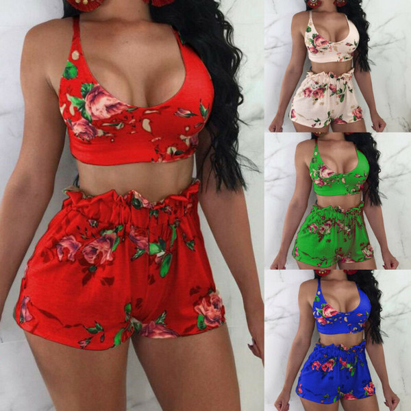 Rejea Hot Sexy Women Swimsuit Floral 2 Piece Bodycon Crop Top Pants Set Bathing Suit Beach Summer Female Swimwear