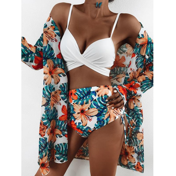 Rejea New Sexy Three Pieces Bikini Set Cover Up Swimwear Women Swimsuit Print Long Sleeve Bathing Suit Beachwear Swimming Biquini