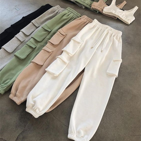 Rejea Spring Multi-Pocket Sweatpants Women Casual High Elastic Waist Drawstring Loose Jogger Pants Plus Size Harajuku Trousers New