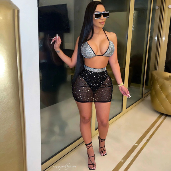 Rejea  Women Set Spaghetti Strap Halter Tops Mesh See-through Skinny Elastic Mini Skirts 2 Piece Set Sexy Beachwear Swimsuits