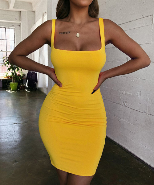 Rejea Spaghetti Strap Sexy Bodycon Dress Summer Yellow Neon Green Black Orange Elegant Sleeveless Mini Short Dress Women