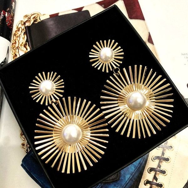 Rejea Exaggerated Long Drop Earrings for Women Big Pearl Round Dangle Earrings Wild Sun Earings Brincos Female Fashion Jewelry|Drop Earrings|