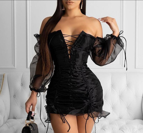 Rejea  Sheer Mesh Off Shoulder Sexy Mini Dress Women Black Lace Up Cross Bodycon Skinny Party Club Dresses Outfits Autumn New