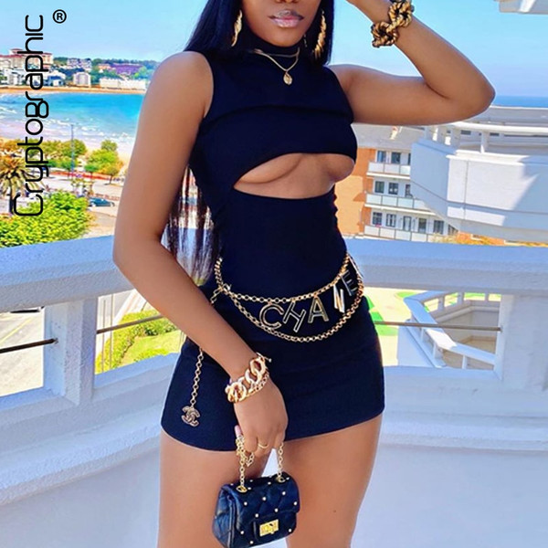 Rejea Elegant Sleeveless Mock Neck Mini Bodycon Dress Birthday Solid Sexy Cut-Out Women's Dresses Summer Clothing