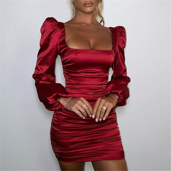 Rejea  New Satin Puff-Sleeve Ruched Dress For Women Solid Square Collar Sexy Dresses Ladies Streetwear Backless Zip Vestidos
