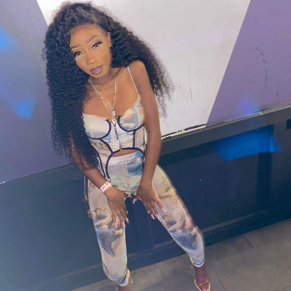 Rejea Angle Print Sleeveless Crop Top and Pants Set Sheer Mesh Two Piece Set Skinny Bodycon Zipper Club Outfits
