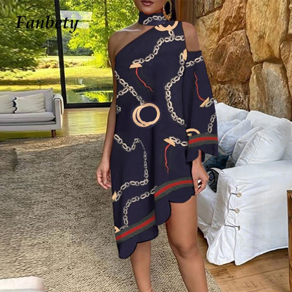 REJEA Sexy One-Shoulder Long Sleeve Party Dress Autumn Vintage Elegant Halter Irregular Dress Women Print Ruffle Loose Dress Vestidos