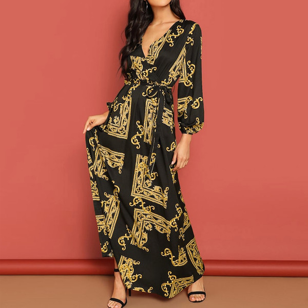 REJEA  Pretty Dresses Fashion Women V-neck Long Sleeve Dress Print Lantern Sleeve Wrap Dress Jurk Vestidos