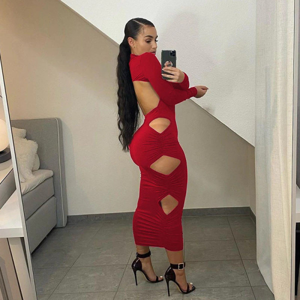 REJEA  Long Sleeve Solid Turtleneck Ruched Backless Hollow Out Maxi Dress Spring Summer Women Fashion Sexy Partywear
