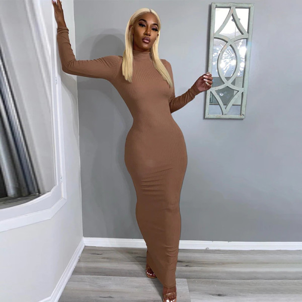REJEA Long Sleeve Solid Backless Skinny  Ribbed Maxi Dress Autumn Winter Women Fashion Sexy Party Club Outfits