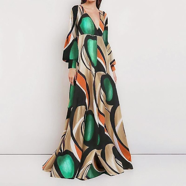 REJEA Summer Maxi Long Dress Plus Size Sexy V Neck Long Lantern Sleeve Bohemian Party Dresses Elegant Beach Sundress Femme