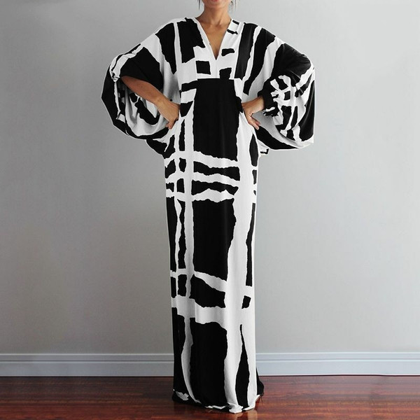 REJEA Vintage Long Maxi Dress Autumn Sexy V Neck Long Sleeve Printed Dresses Femme Loose Sundress Casual Bohemian Vestidos