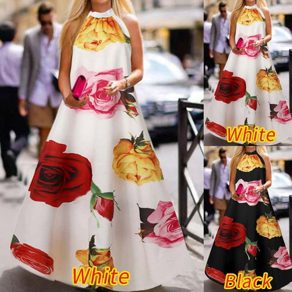 REJEA Women's Dress Fashion Sleeveless Halter Maxi Sundress Celmia  Floral Print Long Dress Bohemian Party Robe Casual Loose Vestidos