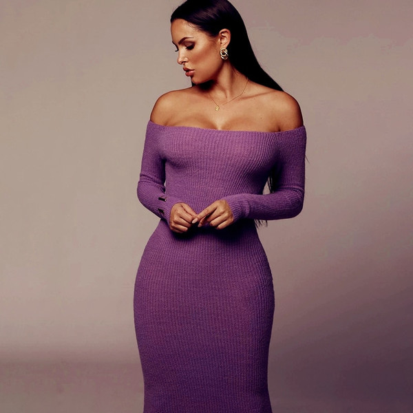 REJEA Solid Off the Shoulder Sexy Pencil Maxi Dress Angle Length Vintage Knitted Skinny Slim Long Sleeve Sexy Women Dress