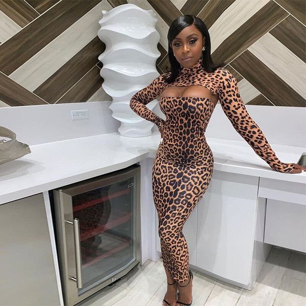 REJEA  Long Sleeve Turtlenack Leopard Print Hollow Out Sexy Maxi Dress Autumn Winter Women Fashion Party Club Outfits