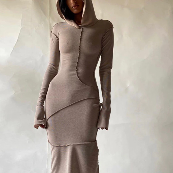 REJEA Long Sleeve Hooded Patchwork Skinny Maxi Dress Autumn Winter Women Fashion Streetwear Casual Outfits