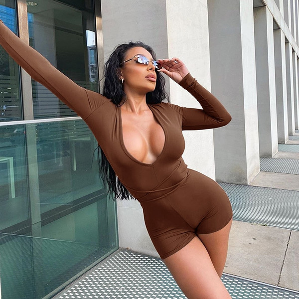 REJEA Fashion Women V Neck Long Sleeve Playsuits Autumn Summer Solid Color Back Hollow Out Sexy Jumpsuit Shorts Body Top Clubwear