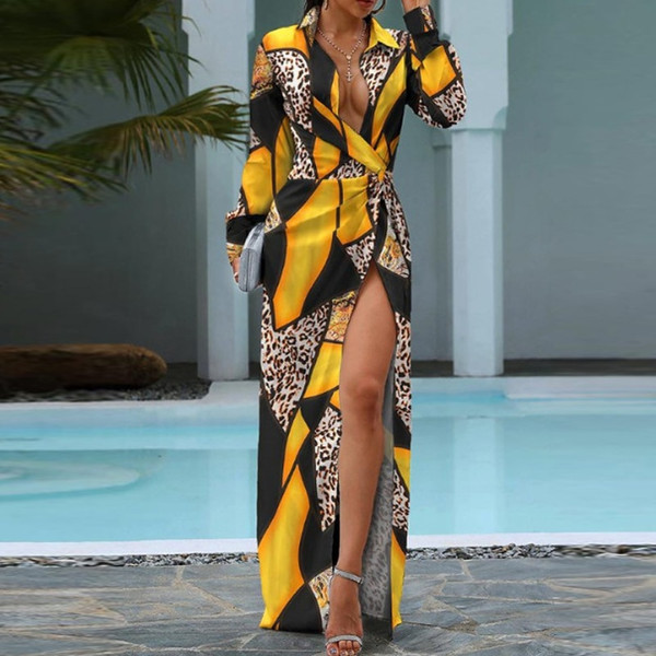 REJEA Women 3XL Elegant Print Long Sleeve High Split Party Dress Autumn Turn-Down Collar Maxi Dresses Ladies Sexy Irregular Dress
