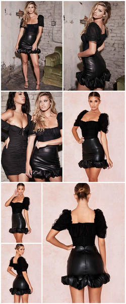 REJEA Vintage Elegant Black PU Skirts Women Fashion Faux Leather Bud Skirts Autumn Pleated Ladies Sexy Party Short Skirts