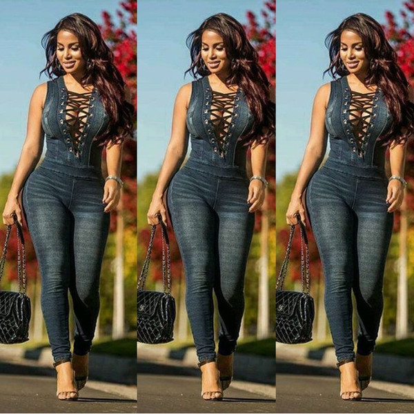 REJEA New Style Plus Size Denim Rompers Overalls Women Skinny Jeans Sexy Blue Lace-up V Neck Sleeveless Denim Jumpsuits Bodysuit