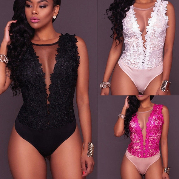 REJEA Sexy Women V Neck Lace Up Floral  Bandage Bodysuit Leotard See Through Backless Tops Jumpsuit