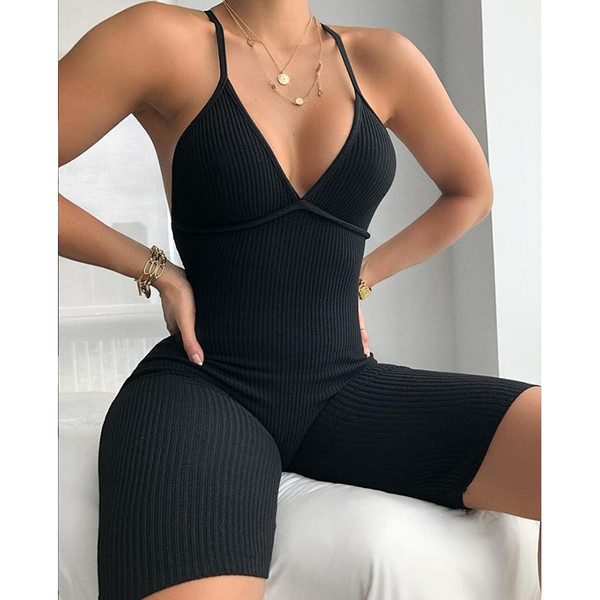 REJEA Sexy Romper Clothing Fitness Hang Band Backless V-Neck Ribbed Bodysuit Shorts Summer Skinny Female Jumpsuit Women Clothes боди