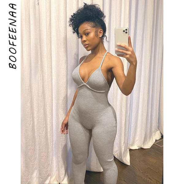 REJEA Comfy Grey Ribbed Knit One Piece Jumpsuit Women Summer 2020 Sexy Deep V Neck Backless Bodycon Romper C87-CZ20