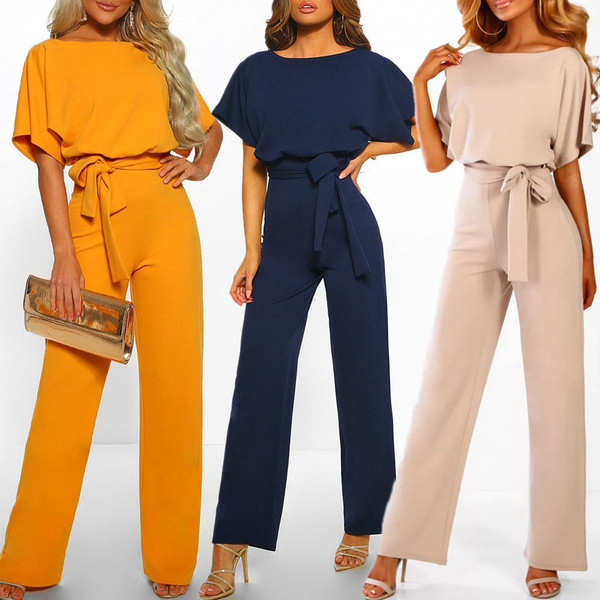 REJEA Rompers Women Jumpsuit Short Sleeve Playsuit Clubwear Straight Leg Jumpsuit Women's With Belt Bodysuit Rompers