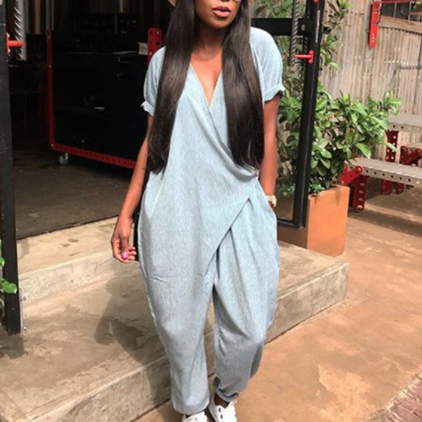 REJEA 2XL Women Solid Color Short Sleeve Front Wrapped V Neck Ankle Tied Loose Jumpsuit jumpsuits body femme clothes vintage