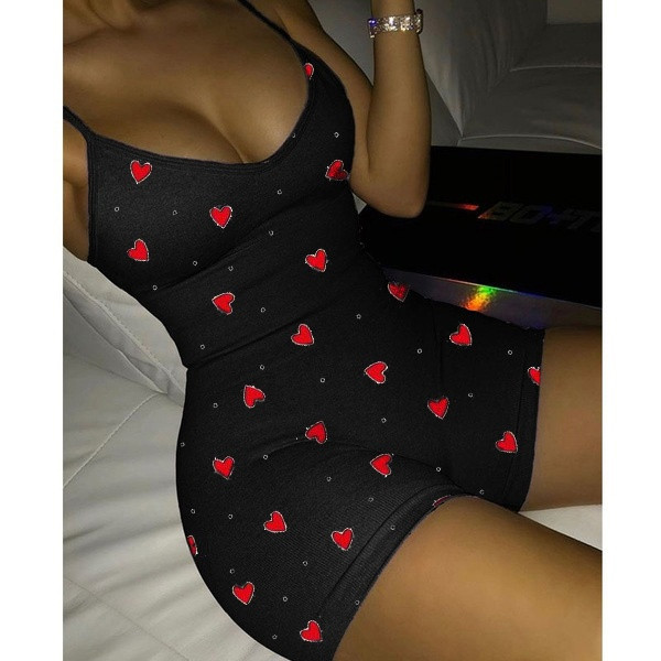 REJEA Sexy Women Bodysuit V Neck Sleeveless Heart Print Bodycon Jumpsuit Spaghetti Strap Slim Fit Short Romper One Piece Jumpsuits