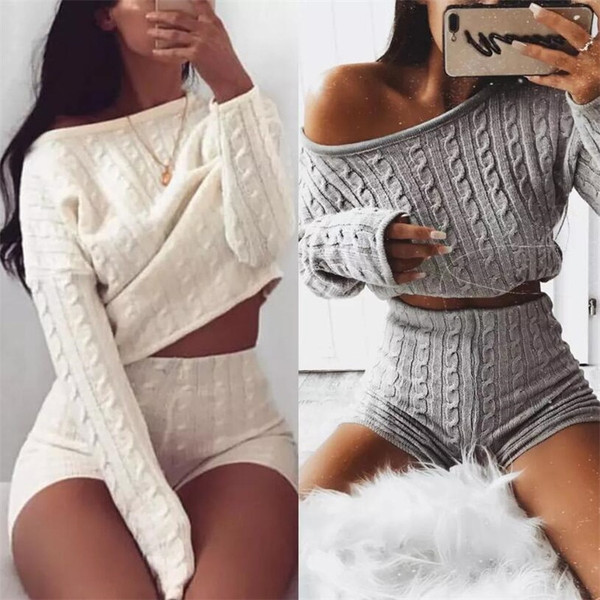 REJEA New Knitted Clothes 2 Piece Set Long Sleeve Loose Pullover Crop Top High Waist Slim Shorts Ladies Casual Suits Tracksuit