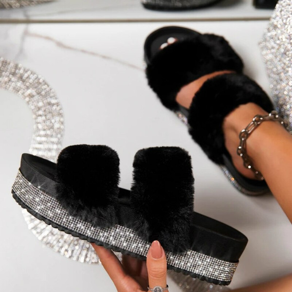 Rejea Women Fur Slippers Rhinestone Wedges Heelplatform Fluffy Soft Furry Slides Outdoor Beach Luxury Sexy Shoes Ladies Female