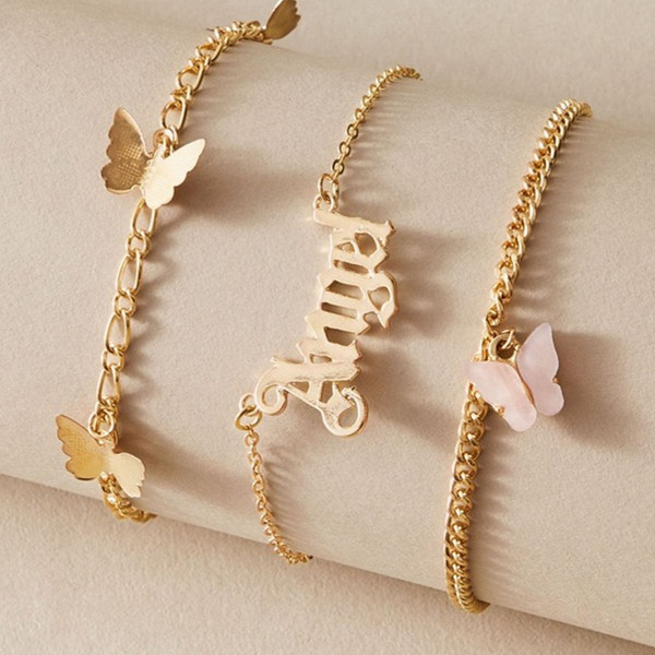 Rejea Multilayer Gold Link CHain ANGEL Letter Chain Ankle Bracelet on Leg Foot Jewelry Bohemia Butterfly Anklets for Women Accessories