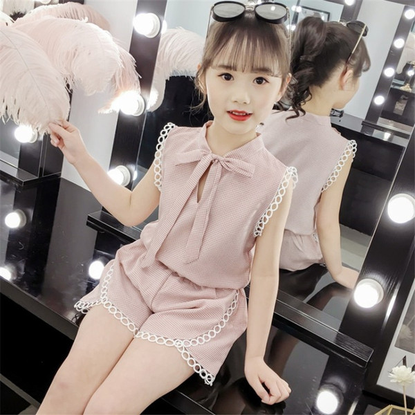 Rejea Summer Clothes For Girls Cute Plaid Lace Shirt + Shorts 2PCS Sets Teens Girls Clothing Outfits Children's Clothes 5 6 7 8 9 Year