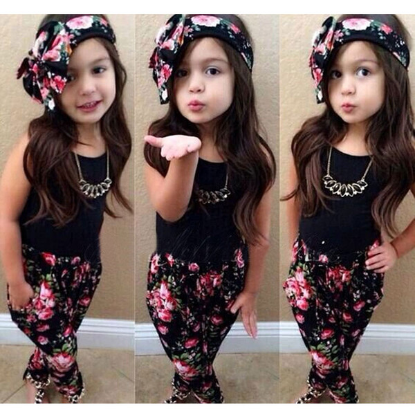 Rejea Fashion Girl Clothing Set Summer Suit For Girls Cotton Children Clothes Sets Sleeveless Tops+Pants+Headband 3 pcs Girl Suits