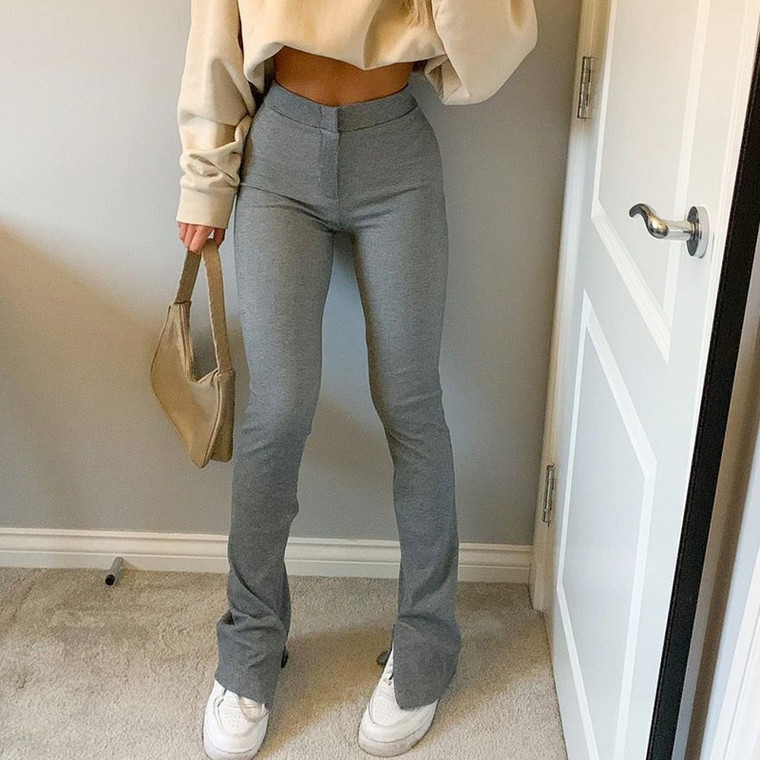 Rejea Women's Stretch Bell Bottom Split Trousers Elegant Ladies Slim Grey Flared Pants High Waist Fashion Long Stacked Pants