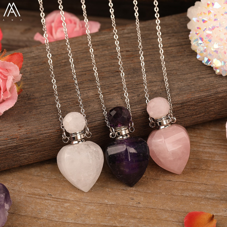 Rejea Natural White Jades Roses Amethysts Quartz Heart Shape Perfume Bottle Pendant Necklace Elegant Women Essential Oil Vial Jewelry